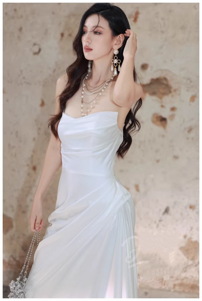 Charming Strapless Satin Pleated Mermaid Long Evening Dress White 19th Birthday Outfits D2410