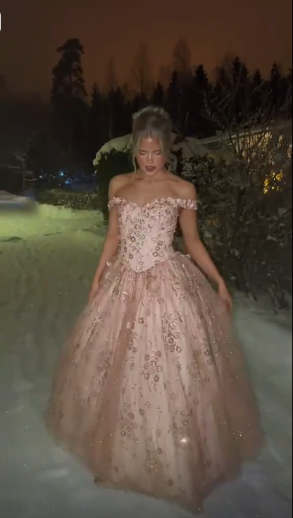 Pretty Pink Off The Shoulder Tulle Sequin Appliques Quinceanera Dress Sweet 16 Dress D5131
