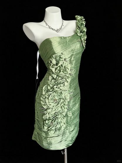 Stylish Green Satin Pleated Beaded Short Homecoming Dress One Shoulder Short Cocktail Dress D5264