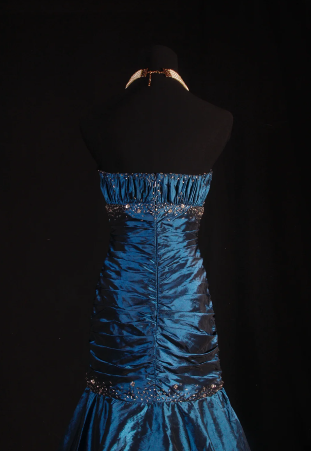 Gorgeous Strapless Satin Pleated Layered Beaded Evening Dress Navy BLue Mermaid Long Party Dress D2223