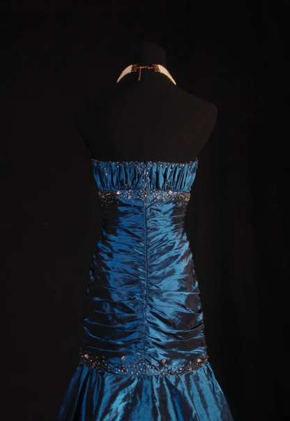 Gorgeous Strapless Satin Pleated Layered Beaded Evening Dress Navy BLue Mermaid Long Party Dress D2223