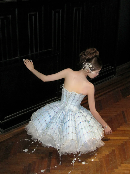 Glitter Blue Strapless Tulle Sequin Beaded A Line Short Homecoming Dress 18th Princess Birthday Outfits D051