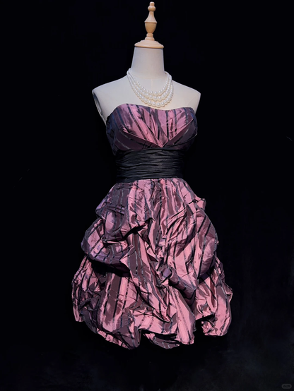 Vintage Purple Satin Pleated A Line Short Graduation Homecoming Dress,Strapless Mini Birthday Dress D3372