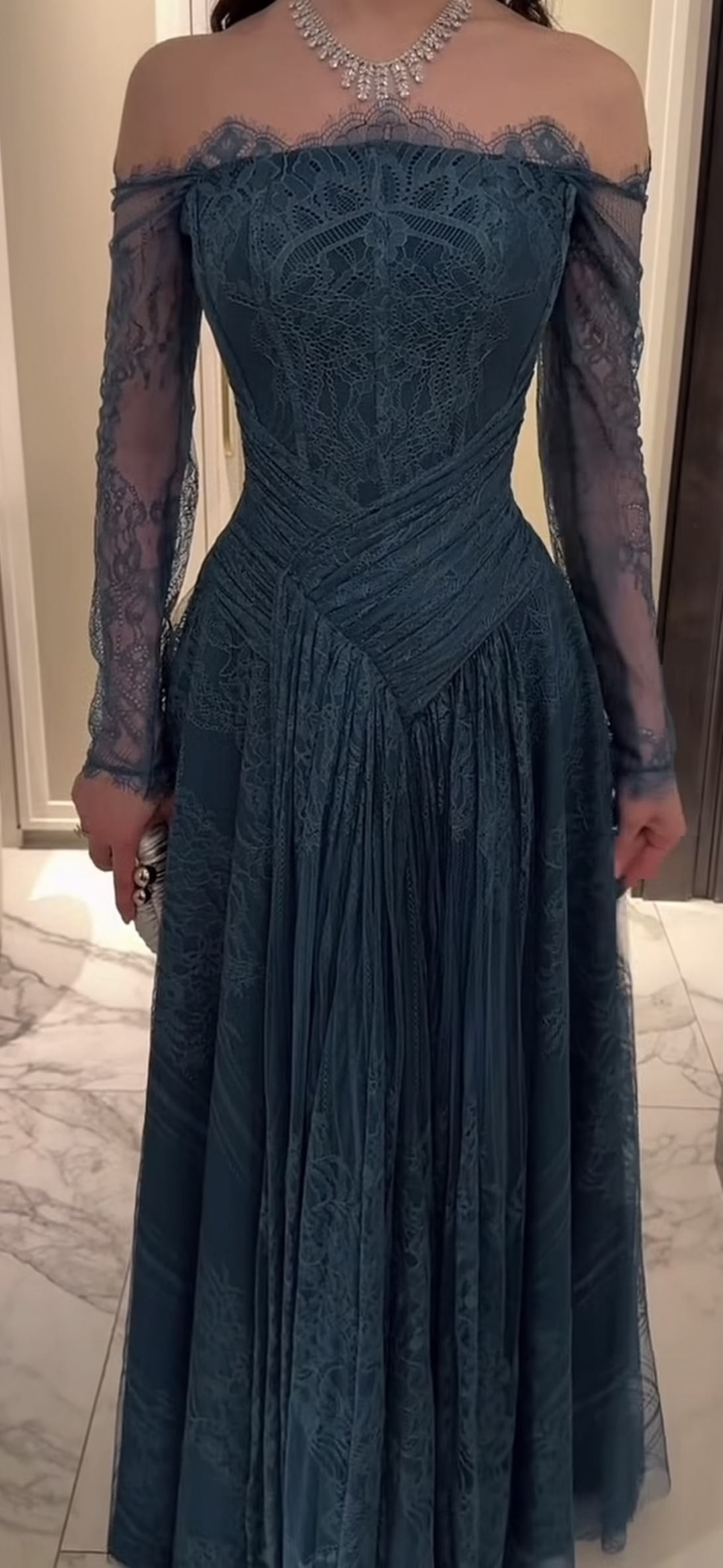 Retro Teal Lace A Line Long Birthday Party Dress, Off The Shoulder Long Evening Dress D4931