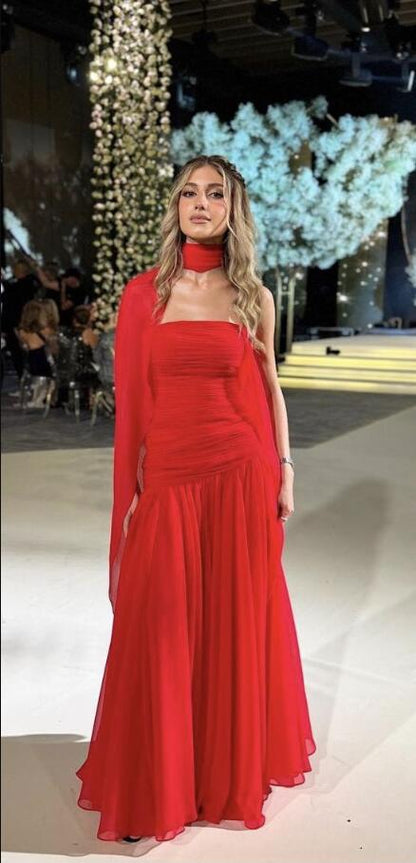Beautiful Red Strapless Chiffon Long Evening Dress Formal Long Wedding Guest Dress D4580