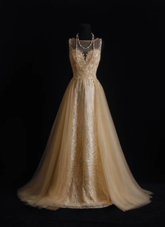 Luxurious Champagne Sleeveless Tulle Beaded Mermaid Long Birthday Party Dress Evening Gown D2213