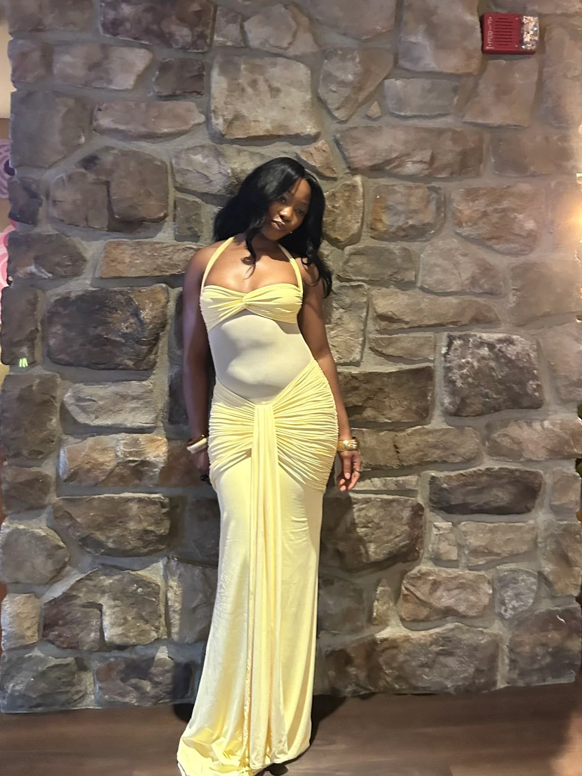 Elegant Yellow Chiffon Pleated Mermaid Long Party Dresses Halter Long Birthday Prom Dress D4838