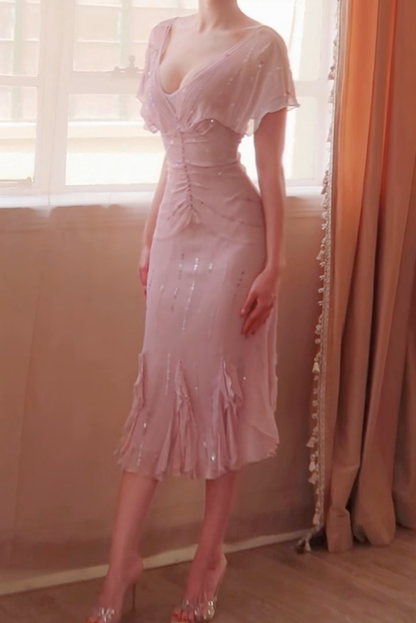 Sexy V Neck Lilac Chiffon Sequin Ruffles Prom Dress Formal Wedding Guest Dress D2778