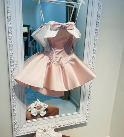 Cute Pink Satin A Line Short 7th Grade Homecoming Dress,Off The Shoulder Short Birthday Outfits D3947
