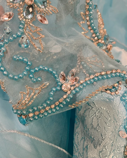 Elegant Blue Tulle Beaded Ruffles Long Ball Gown Formal Birthday Quinceanera Dress With Gloves D21115