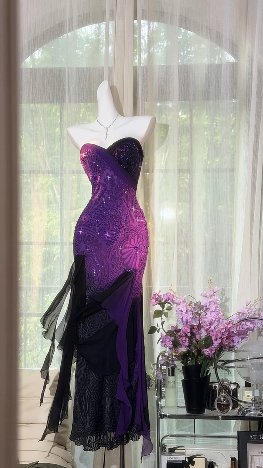Unique Sweetheart Neck Purple Chiffon Floral  Beaded Mermaid Long Party Dress Evening Gowns D2524