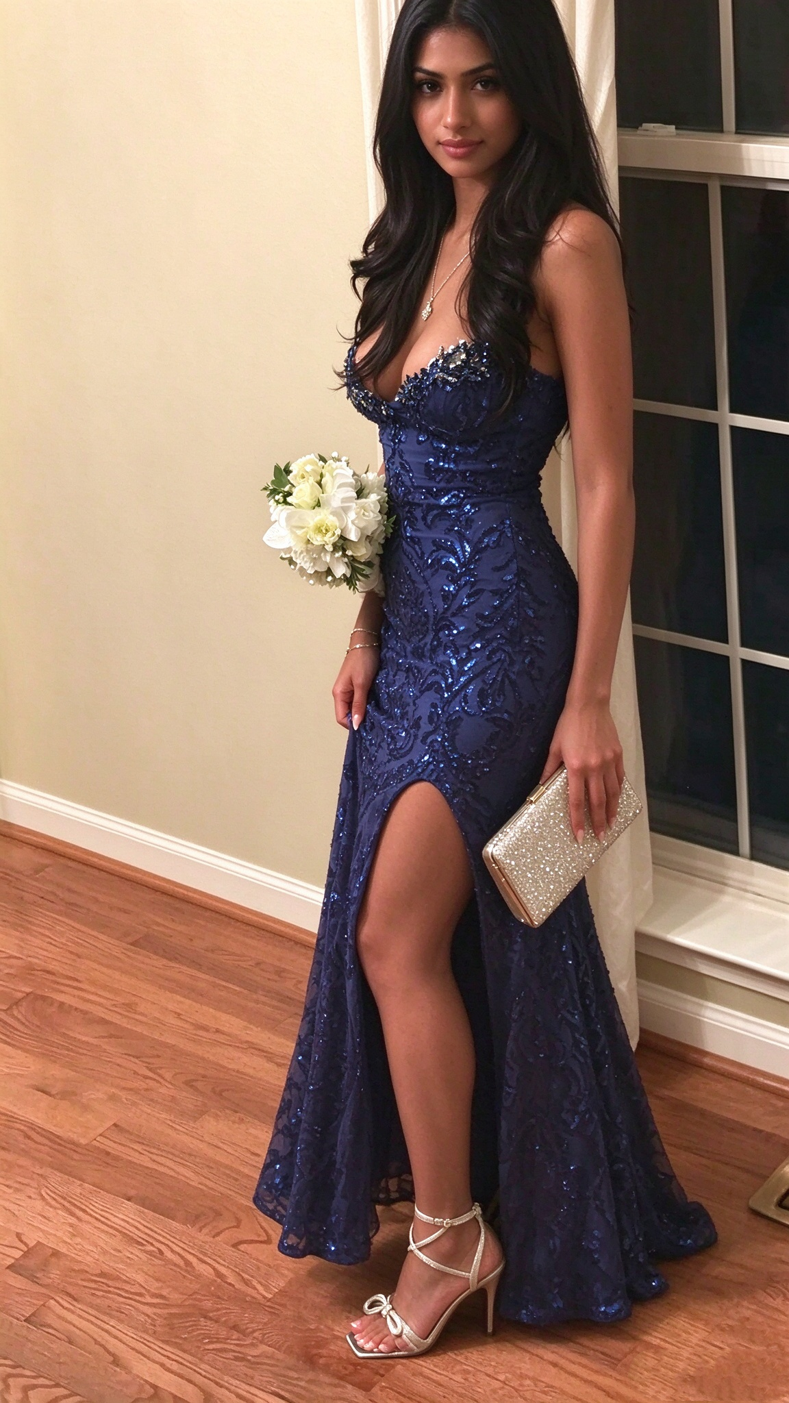 Elegant Spaghetti Straps Satin Tulle Sequin Beaded Prom Dress Navy Blue Mermaid Slit Long Evening Dress D5180
