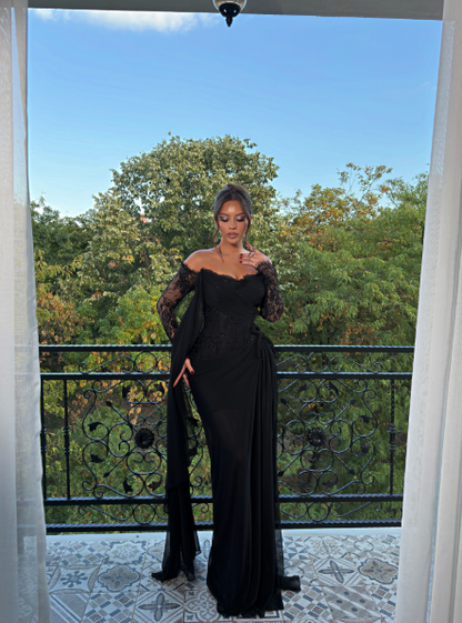 Elegant Off The Shoulder Lace Chiffon Mermaid Evening Dress Black Long Party Gown D5256