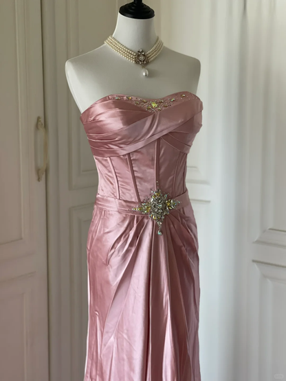 Fashion Strapless Satin Pleated Beaded Mermaid Party Gown,Pink Long Evening Dress D3109