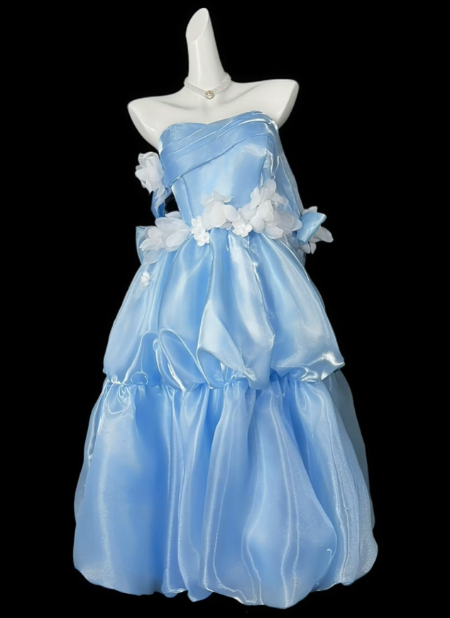 Classy Off The Shoulder Tulle Appliques Long Party Dress,Blue Long Evening Gown D4203