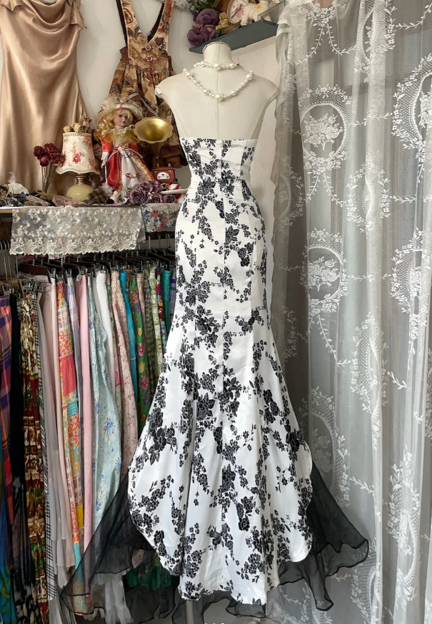 Vintage Strapless Satin Print Floral Mermaid Party Dress Long Evening Gown D1520