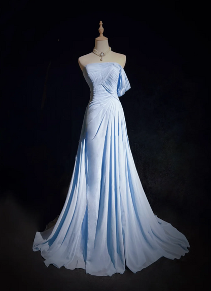 Classy Sky Blue One Shoulder Chiffon Pleated Mermaid Party Dress Long Wedding Guest Dress Evening Gown D1851