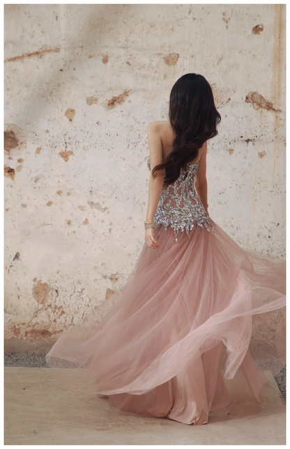 Pretty Pink Sweetheart Neck Tulle Sequin A Line Slit Long Evening Dress Party Gown D2408