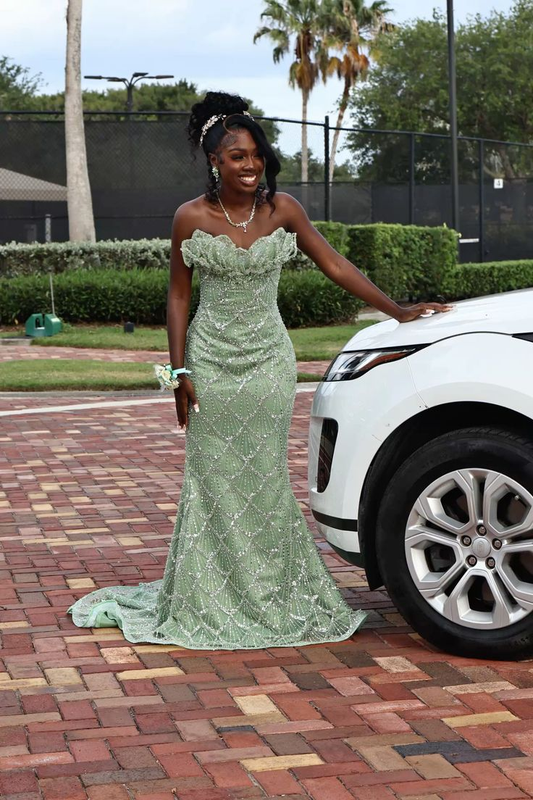 Gorgeous Mint Green Strapless Tulle Sequin Beaded Mermaid Long Party Dress Evening Dress D1502