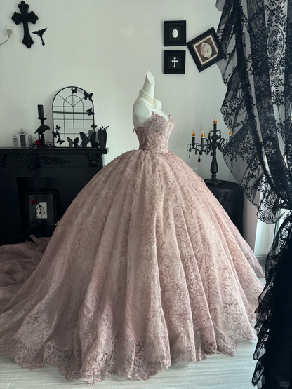 Charming Pink Tulle Lace Beaded Sweet 15 Dress,Sweetheart Neck Quinceanera Dress D3695
