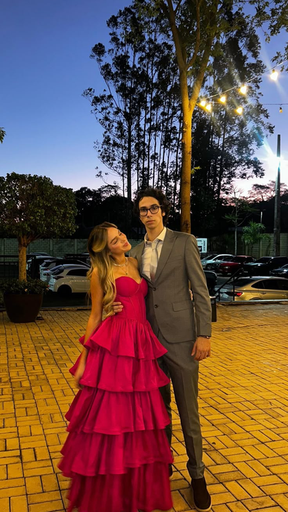 Charming Sweetheart Neck Hot Pink Satin Layered A Line Long Party Dress Birthday Prom Gown D1545