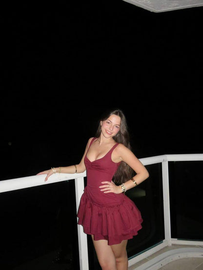 Vintage Burgundy Satin A Line Short 9th Grade Homecoming Dress,Spaghetti Straps Layered Mini Party Dress D4112