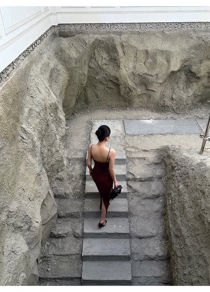 Fashion Spaghetti Straps Burgundy Sheath Long Party Dress Birthday Evening Dress D2124