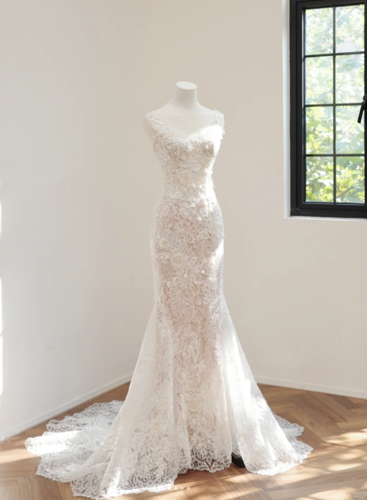 Classy White Lace Mermaid Long Wedding Dress Formal Bridal Dress With Flowers D2172