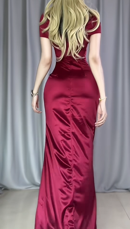 Pretty Burgundy Off The Shoulder Satin Pleated Mermaid Party Dress Long Slit Evening Gowns D2486