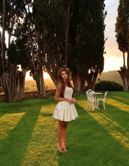 Elegant Off White Strapless Lace Satin A Line Short 6th Grade Homecoming Dress Birthday Dress D3853