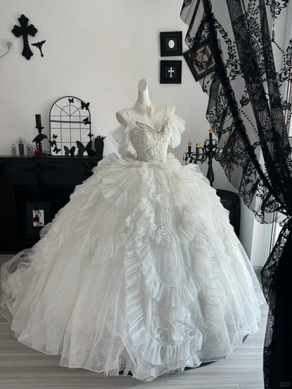 Fairy Spaghetti Straps White Tulle Ruffle Beaded Long Wedding Dress Bridal Dress D3696