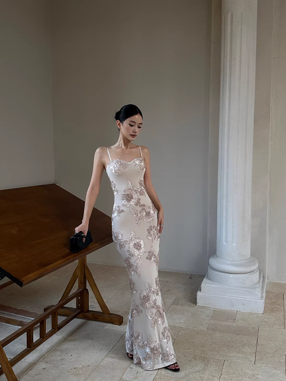 Unique Champagne Satin Floral Mermaid Evening Dress Spaghetti Straps Long Party Gown D2129