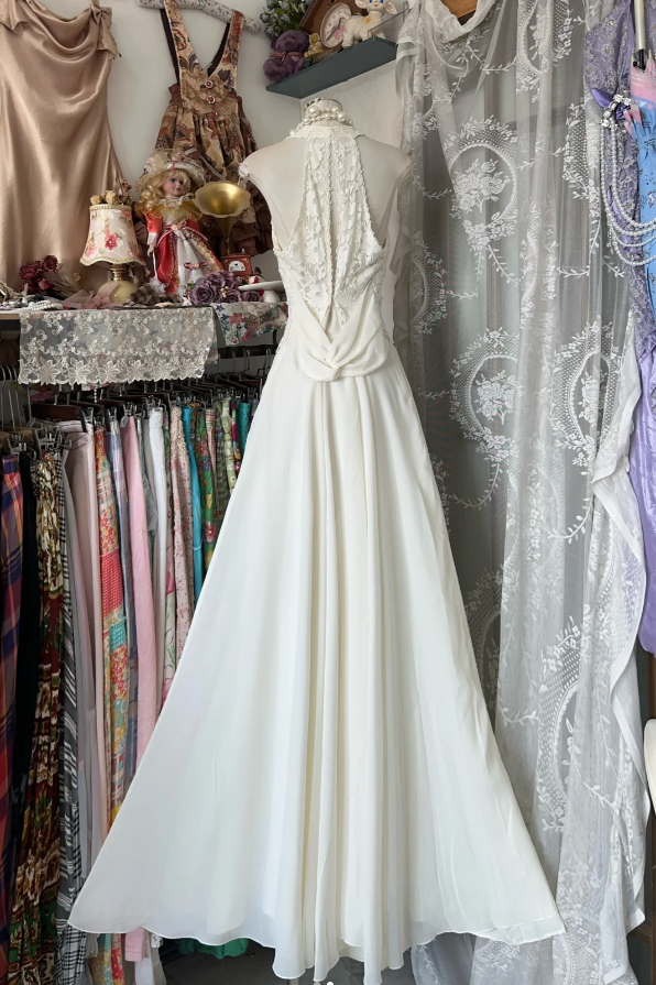 Elegant Halter V Neck Lace Chiffon Mermaid Evening Dress White Long Party Dress D1286