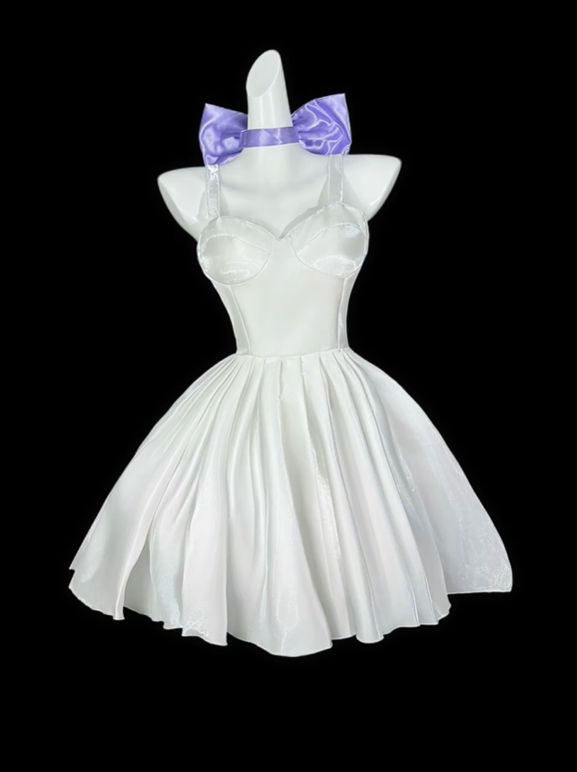 Cute Spaghetti Straps Satin A Line Mini Prom Dress,White Short Homecoming Dress With Bow D4195