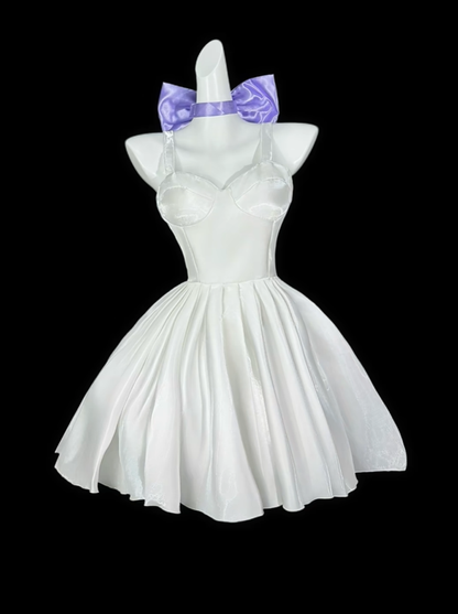 Cute Spaghetti Straps Satin A Line Mini Prom Dress,White Short Homecoming Dress With Bow D4195