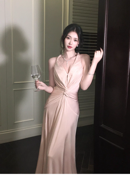 Classy Coral Powder Halter V Neck Satin Beaded Mermaid Long Party Dress Backless Evening Gown D2182