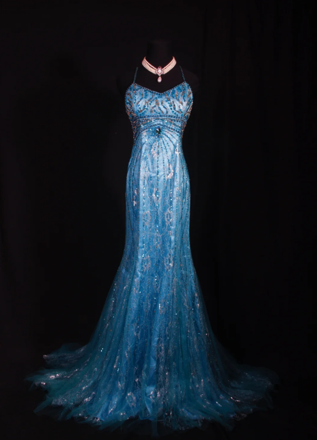 Glamorous Spaghetti Straps Blue Lace Beaded Mermaid Long Evening Dress Party Gown D2244