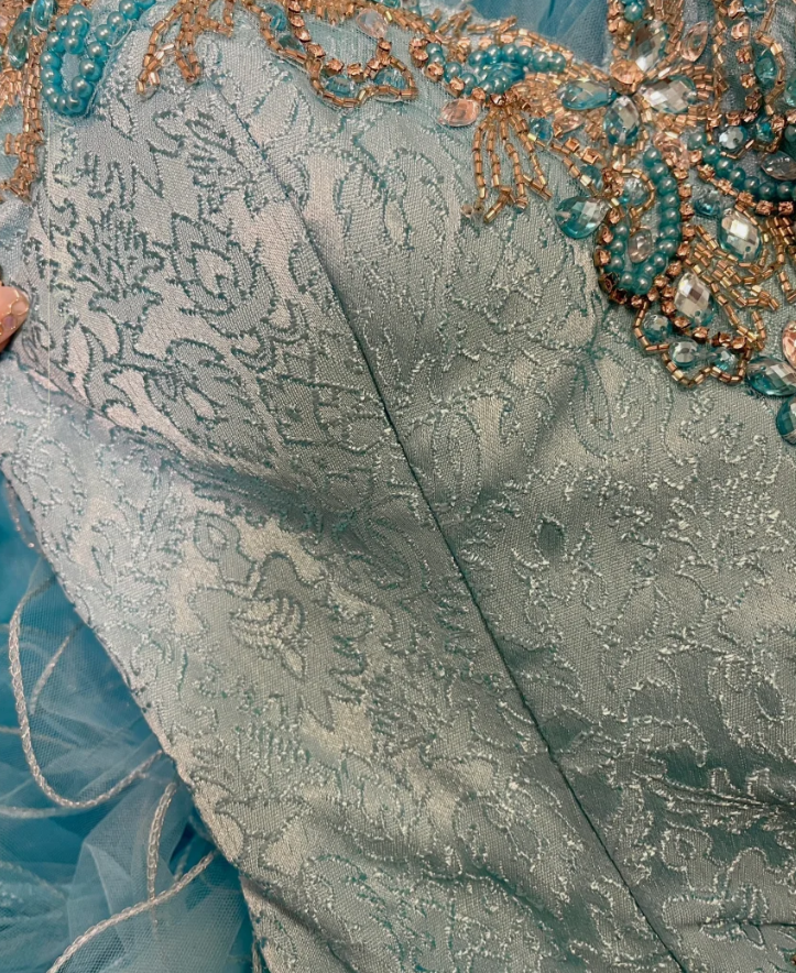 Elegant Blue Tulle Beaded Ruffles Long Ball Gown Formal Birthday Quinceanera Dress With Gloves D21115