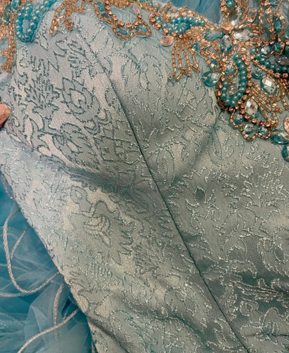 Elegant Blue Tulle Beaded Ruffles Long Ball Gown Formal Birthday Quinceanera Dress With Gloves D21115