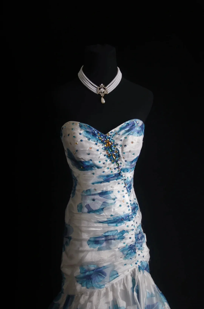 Elegant Sweetheart Neck Chiffon Floral Beaded Long Party Dress Blue Mermaid Long Evening Gown D4566