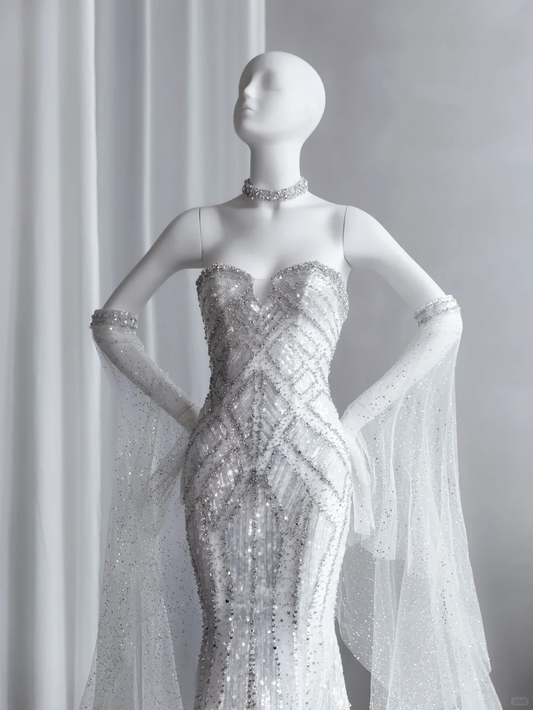 Beautiful White Tulle Sequin Beaded Mermaid Long Wedding Dress D5085