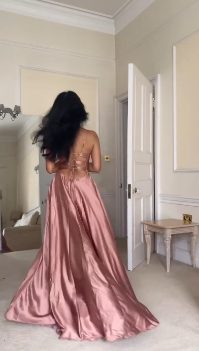 Stylish Spaghetti Straps Pink A Line Slit Bridesmaid Dress Long Prom Dress D962