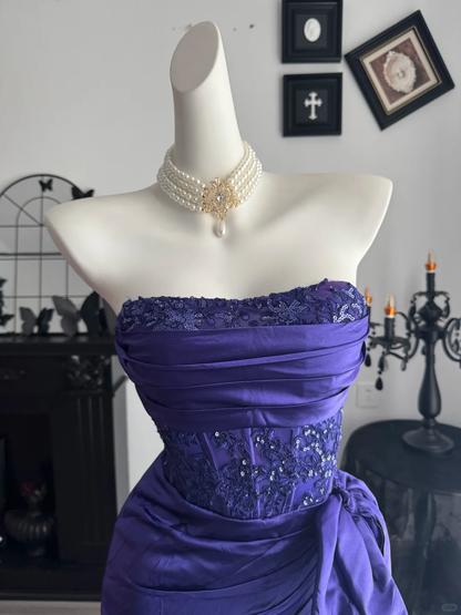 Vintage Strapless Purple Beaded Satin Layered Mermaid Long Prom Dress Evening Dress D3728