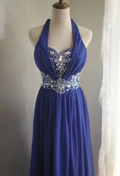 Stylish Halter Royal Blue Chiffon Beaded Long Evening Dress Formal Wedding Guest Dress Prom Gown D2201