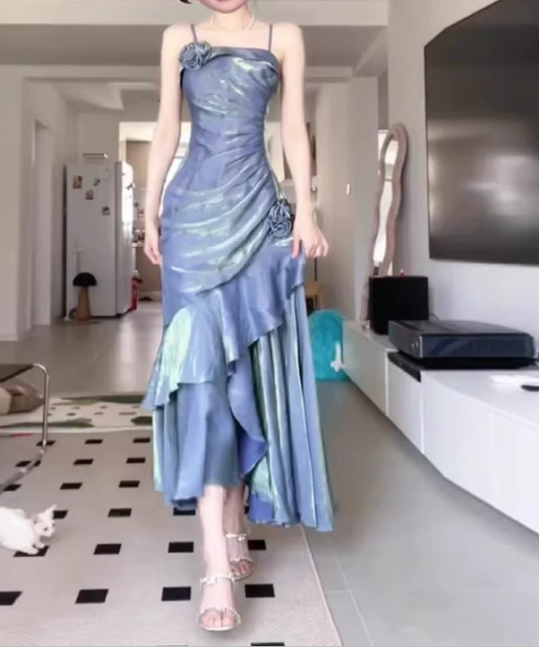 Vintage High Low Spaghetti Straps Burgundy Long Party Dresses Birthday Outfits SD451