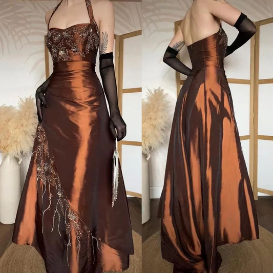 Vintage Halter Brown Satin Beaded Mermaid Evening Dress Long Party Dress Prom Gown With Gloves D1906