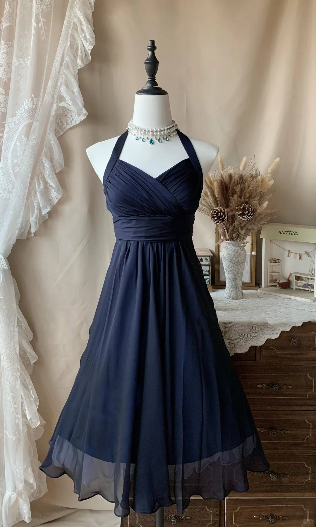 Classy Navy Blue Halter Chiffon A Line Short Homecoming Dress Birthday Outfits D3070
