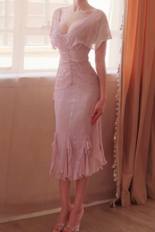Sexy V Neck Lilac Chiffon Sequin Ruffles Prom Dress Formal Wedding Guest Dress D2778