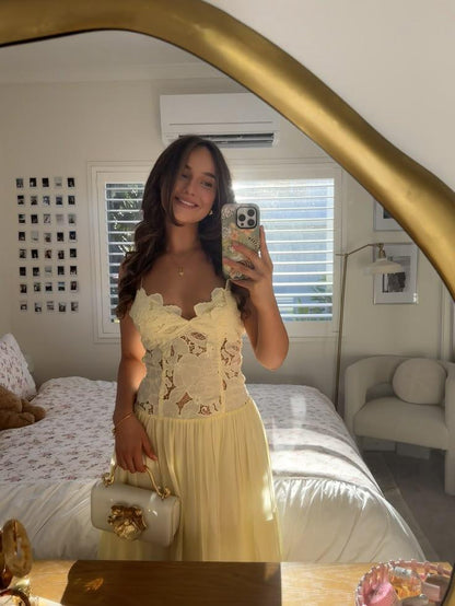 Elegant Spaghetti Strap Pastel Yellow Lace Chiffon Long Party Dress Evening Gown D3432