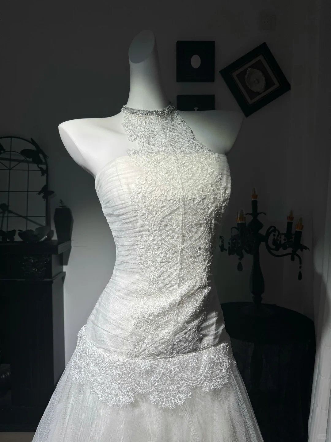 Elegant Halter White Tulle Lace Mermaid Long Party Dress Evening Dress D3726